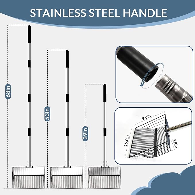 15inch Extra Large Chicken Poop Scooper,With24 to 68" Stainless Steel Handle，Ideal for Chicken Coops, Pet Areas, and Farm Cleanup (15" Width)