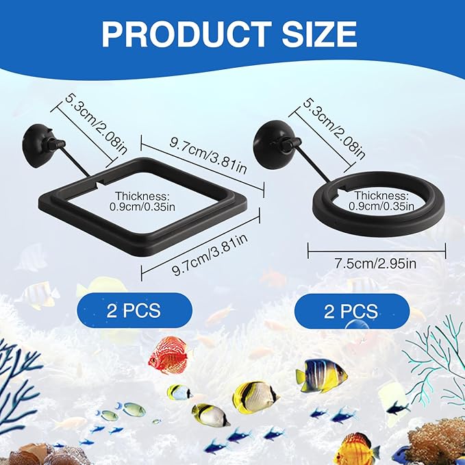 4 Pack Fish Feeding Ring for Betta Fish, Floating Food Container with Suction Cup, Square and Round Design, Black and Blue