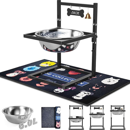 1.6Gallon Elevated Dog Water Bowl for Large Dogs, Height Adjustable (10-17.8in) Raised Stainless Steel Bowl with Spill-Proof Mat & Sturdy Metal Stand, Easy-Clean Feeder for Indoor/Outdoor Use