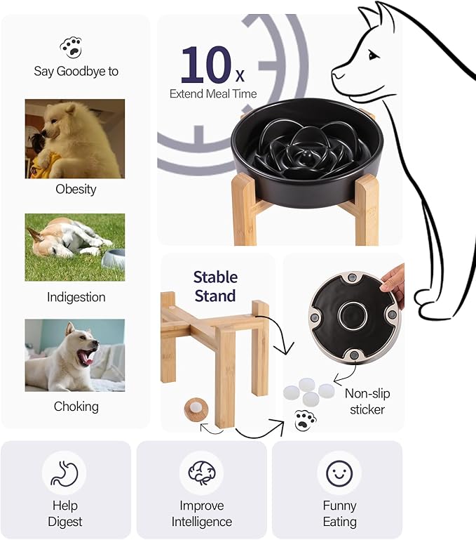 8.26 in Black Dog Bowl Slow Feeder Ceramic for Medium and Large Breed,Elevated/Raised Slow Feeding Dog Food Water Dish Heavy Weighted,Puppy Dish for Fast Eaters,Puzzle Eating Bowl Modern Maze
