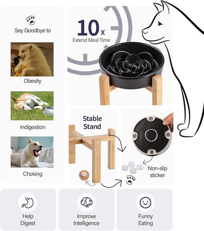 8.26 in Black Dog Bowl Slow Feeder Ceramic for Medium and Large Breed,Elevated/Raised Slow Feeding Dog Food Water Dish Heavy Weighted,Puppy Dish for Fast Eaters,Puzzle Eating Bowl Modern Maze