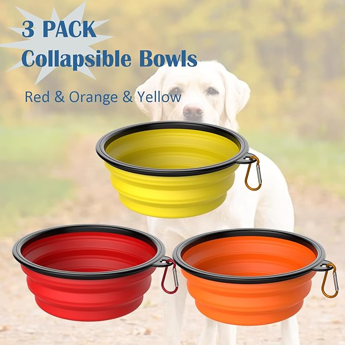 Takfox Collapsible Dog Bowls [3 Pack] 34 oz, Travel Dog Bowls, Pet Bowl Portable Foldable Water Food Feeding Dishes with Carabiner Clip for Traveling Hiking Walking-Red & Orange & Yellow