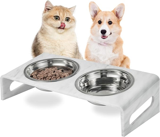 Tilted Raised Cat Bowls, Elevated 15°Orthopedic Bowls for Puppy or Dog, 4 Stainless Steel Pet Feeding Food Dishes Set, Durable Acrylic Stand, Easy to Clean (Marble)