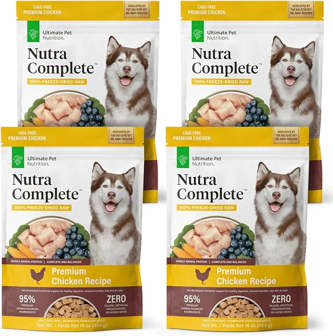 ULTIMATE PET NUTRITION Nutra Complete, 100% Freeze Dried Veterinarian Formulated Raw Dog Food with Antioxidants Prebiotics and Amino Acids, (1 Pound (Pack of 4), Chicken)