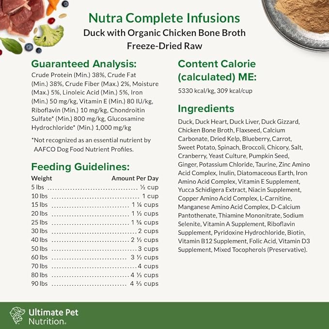 ULTIMATE PET NUTRITION Nutra Complete Bone Broth Infusions, 100% Freeze Dried Raw Veterinarian Formulated Dog Food with Antioxidants Prebiotics and Amino Acids (1 Pound, Bone Broth Duck)