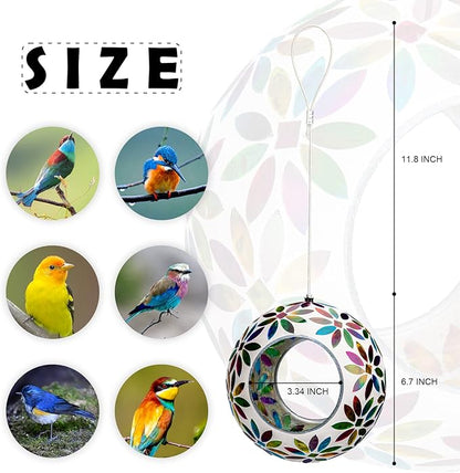 VCUTEKA Bird Feeder for Outside Hanging with Round Shape Glass Container to Attract More Wild Birds, Mosaic Fly Through for Garden, Yard, Backyard, Deck and Porch Decor, 7-Inch