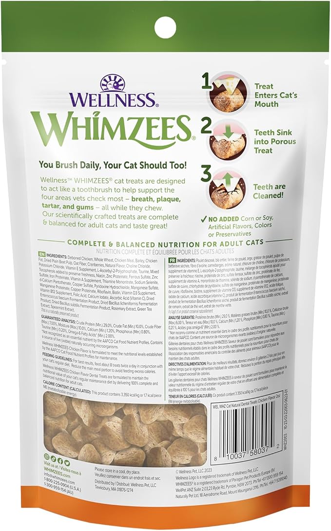 WHIMZEES Wellness Cat Dental Treats, Natural Chews, Chicken Flavor, (2 Ounce Bag)