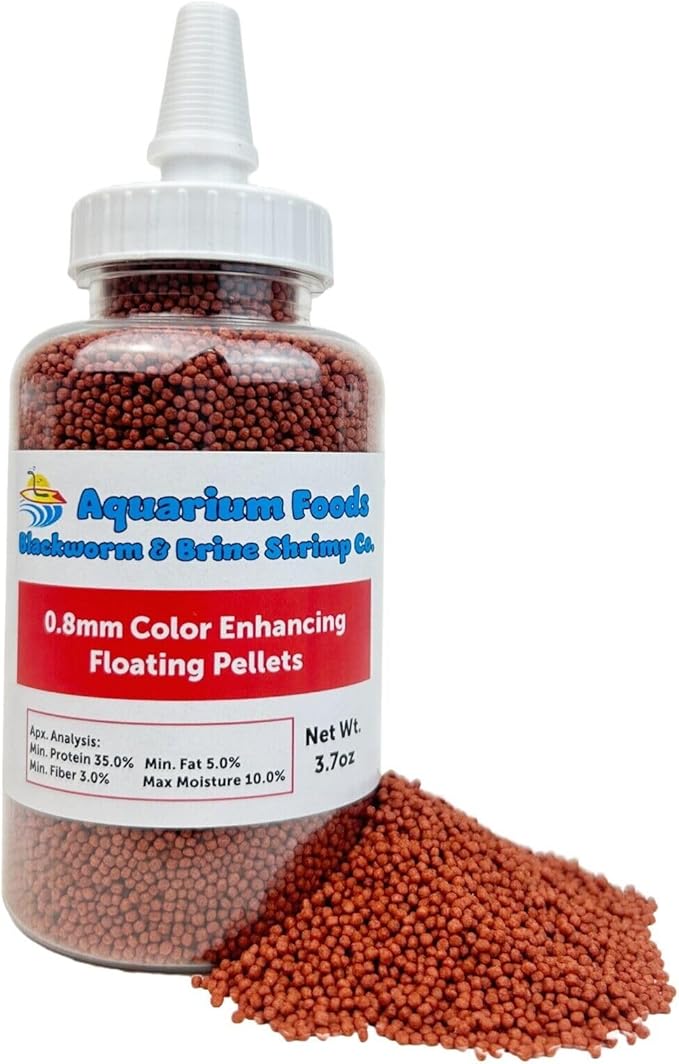Aquatic Foods Inc. 0.8mm Micro Intense Color Enhancing Floating Pellets for Guppies, Tetras, Bettas, Nano Fish, All Baby Fish…3.7oz Squeeze Bottle