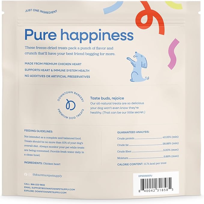 Downtown Barkery Freeze Dried Dog Treats - Single Ingredient, Low Calorie, Rich in Vitamins and Minerals - All Natural - Freeze Dried Chicken Hearts for Dogs, 10 Oz