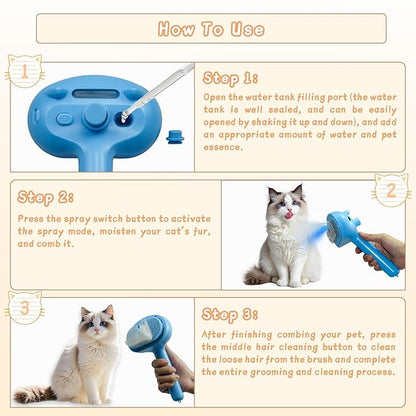 5-in-1 Pet Steam Brush for Cats & Dogs – Grooming, Shedding, Massage & One-Touch Clean for Short & Long Hair Pets – Electric Cat Brush with Comb & Steam (Blue)