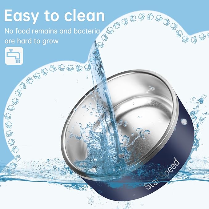 StarSpeed Stainless Steel Dog Bowl. Large Dog Water Bowl with Rubber Bottom, Drop Resistant, Keeps Cold, Holds 8 Cups (64oz, Navy Blue)