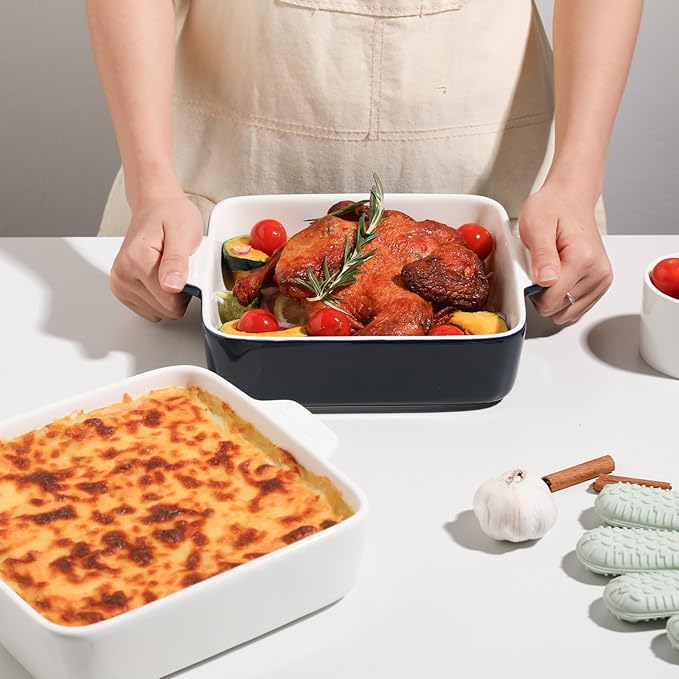 Sweejar Ceramic Baking Dish, 8 x 8 Cake Baking Pan for Brownie, Porcelain Square Bakeware with Double Handle for Casserole, Lasagna, Family Dinner (Navy)
