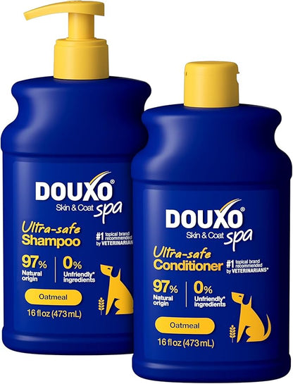 DOUXO® Skin & Coat SPA – Ultra-Safe Combo for Dogs, Oatmeal Shampoo (16 fl oz, Cleanses & Hydrates) + Oatmeal Conditioner (16 fl oz, Hydrates & Detangles)