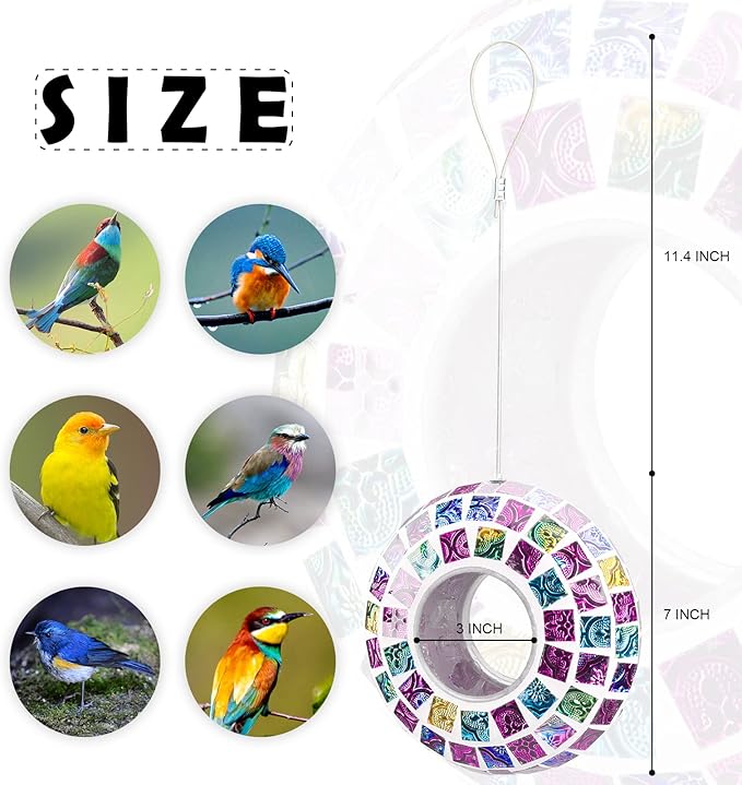 VCUTEKA Bird Feeder Mosaic Fly Through Bird Feeders for Outside Hanging with Round Shape Glass Container to Attract More Wild Birds for Garden, Yard, Backyard, Deck and Porch Decor, Multi 7-Inch