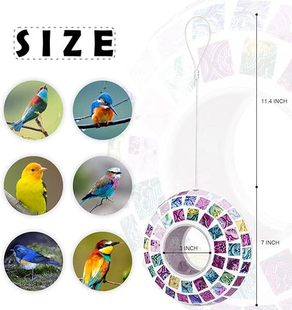 VCUTEKA Bird Feeder Mosaic Fly Through Bird Feeders for Outside Hanging with Round Shape Glass Container to Attract More Wild Birds for Garden, Yard, Backyard, Deck and Porch Decor, Multi 7-Inch