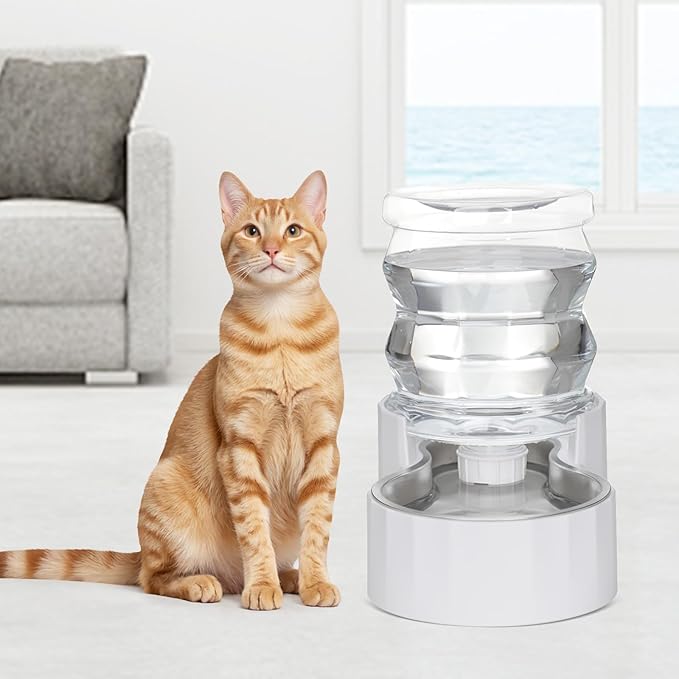 RIZZARI Gravity Water Bowl Dispenser for Cats: 3L White Stainless Steel Water Feeder Without Filter - 100% BPA-Free Automatic Dispenser Home Use
