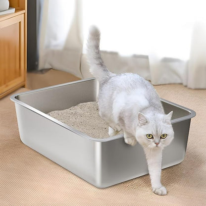 Stainless Steel Litter Box 2 Pack, Metal Litter Box for Cat, Easy Clean Non Stick Easy Entry No Smell Steel Litterbox for Kitty/Rabbit