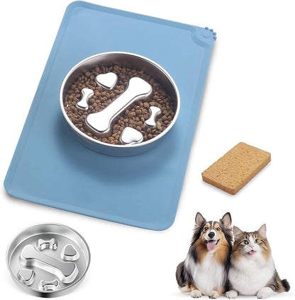 Stainless Steel Slow Feeder Dog Bowls – Non-Slip Metal Dog Bowl for Large & Medium Breeds, Puppy Puzzle Feeder – 2 Cup Capacity for Small to Big Pets – Durable Slow Feed Dog & Cat Food Dish with Mat