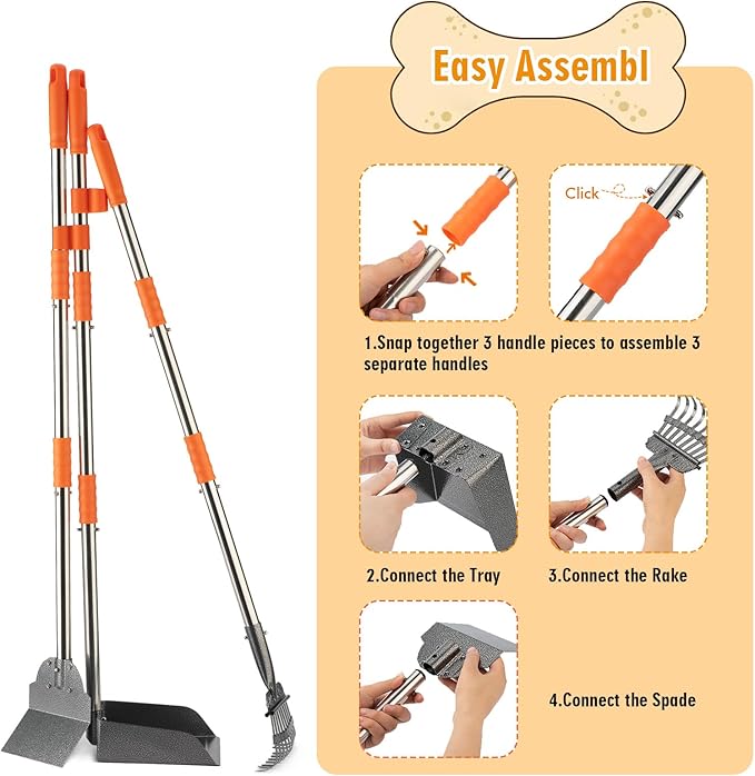 TIMINGILA Pooper Scooper Dog Pooper Scooper Long Handle Stainless Metal Tray Rake Spade Set for Large Medium Small Dogs Easy to Clean Pet Waste Use for Yard, Grass, Dirt or Gravel - Pet Supplies