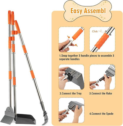 TIMINGILA Pooper Scooper Dog Pooper Scooper Long Handle Stainless Metal Tray Rake Spade Set for Large Medium Small Dogs Easy to Clean Pet Waste Use for Yard, Grass, Dirt or Gravel - Pet Supplies