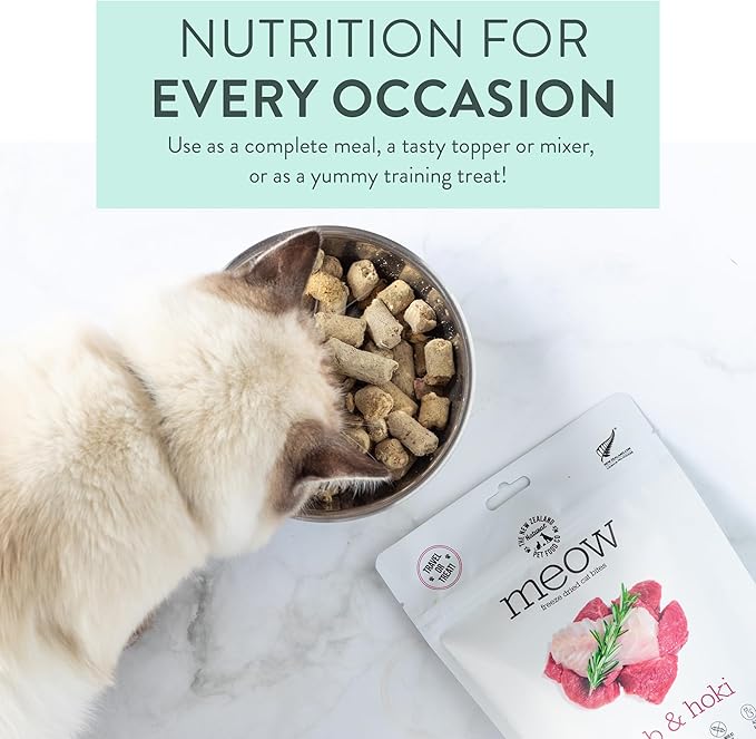 The New Zealand Natural Pet Food Co Meow Freeze Dried Cat Food - Lamb & Hoki Recipe, High Protein Treats, Meals & Toppers, Dry Cat Food,1.76 oz