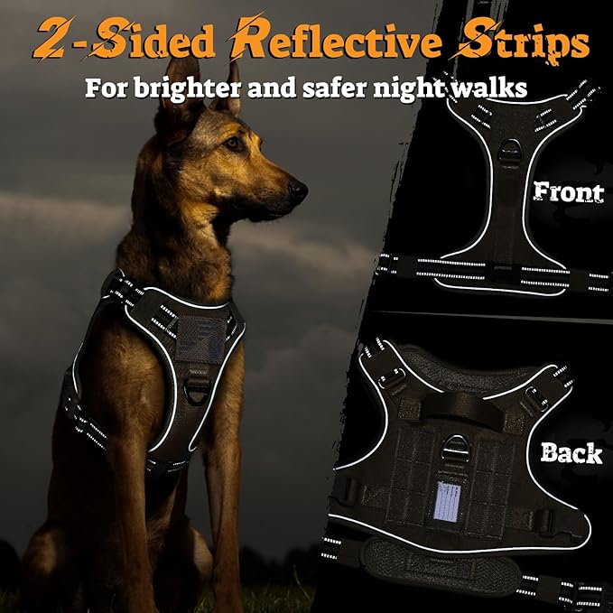rabbitgoo Dog Harness Medium Sized No Pull, Tactical Service Pet Vest with Molle and Control Handle, Adjustable and Reflective Military Harness for Easy Walking and Training, Brown, M