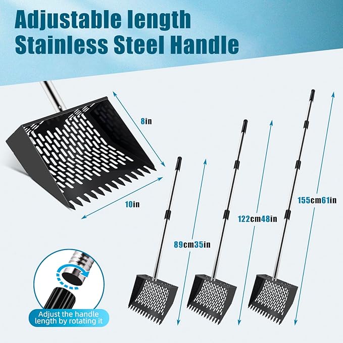 10-inch Large Metal Chicken Poop Scooper＆Rake 2-in-1 with Ergonomic Grip Adjustable Long Handle(36 to 61 Inches) for Cleaning Chicken Sand,Chicken Poop Sifting Shovel,Chicken Coop Accessories﻿