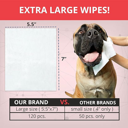NOVEHA 120PCs XL Formulated Pet Wipes for Dogs & Cats - Safe for Facial & Finger Folds, Underarms, Groin, Hot Spots, Redness & Skin Relief, On-The-Go Size 5.5" x 7"