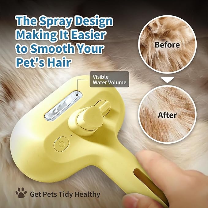 3 In 1 Self-Cleaning Steamy Brush for Pet Grooming - Anti-Static Flying Hair Spray, Removes Loose Hair and Reduces Shedding for Long and Short Fur, Yellow