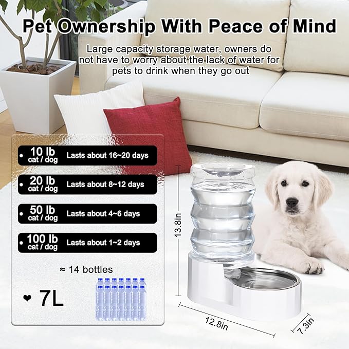 RIZZARI Automatic Gravity Pet Waterer: 7L White Stainless Steel Water Dispenser - 100% BPA-Free - Large Capacity Water Feeder for Cats and Small and Medium-Sized Dogs