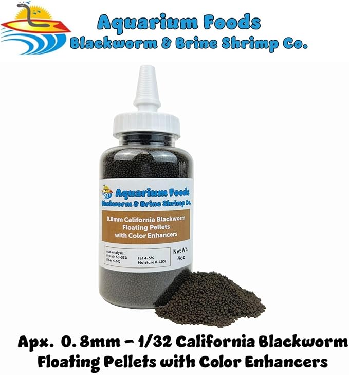 Aquatic Foods Inc. 0.8mm Micro California Blackworm Floating Pellets w/Color Enhancers & Vitamins for Guppies, Tetras, Bettas, Nano Fish, All Baby Fish…4oz Squeeze Bottle