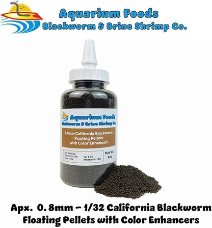 Aquatic Foods Inc. 0.8mm Micro California Blackworm Floating Pellets w/Color Enhancers & Vitamins for Guppies, Tetras, Bettas, Nano Fish, All Baby Fish…4oz Squeeze Bottle