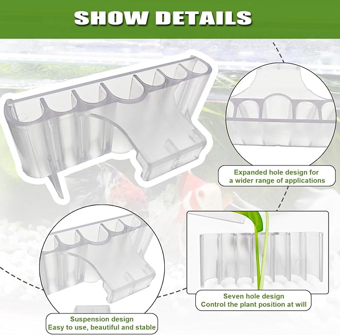 2 Pack 7-Hole Aquarium Plant Holder with Long Hook - Hanging Aquatic Plant Pot for Fish Tank, Versatile Plant Holder - Ideal for Aquascape Decorations on Top of Tank (Transparent)