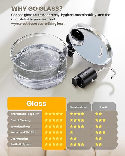 Wireless Cat Water Fountain Glass - 108oz/3.2L Automatic Ultra-Quiet Cat Water Fountain Cordless, Glass Battery Operated Pet Fountain Rechargeable Water Dispenser for Cats, Puppy, Multiple Pets