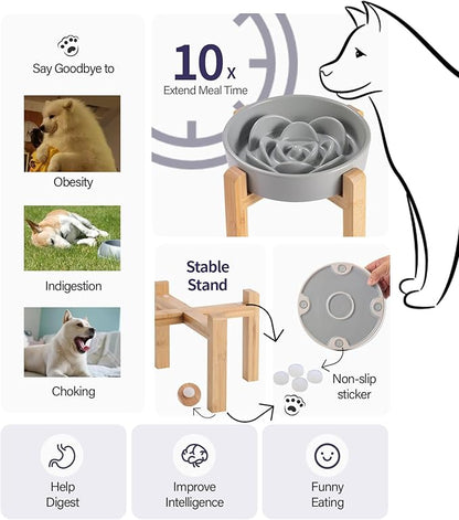 8.26 in Grey Dog Bowl Slow Feeder Ceramic for Medium and Large Breed,Elevated/Raised Slow Feeding Dog Food Water Dish Heavy Weighted,Puppy Dish for Fast Eaters,Puzzle Eating Bowl Modern Maze