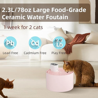 Ceramic Cat Water Fountain,Cat Water Fountain Cordless Automatic with Ultra-Quiet Pump and 4 Filter for Cats, Dogs, Multiple Pets