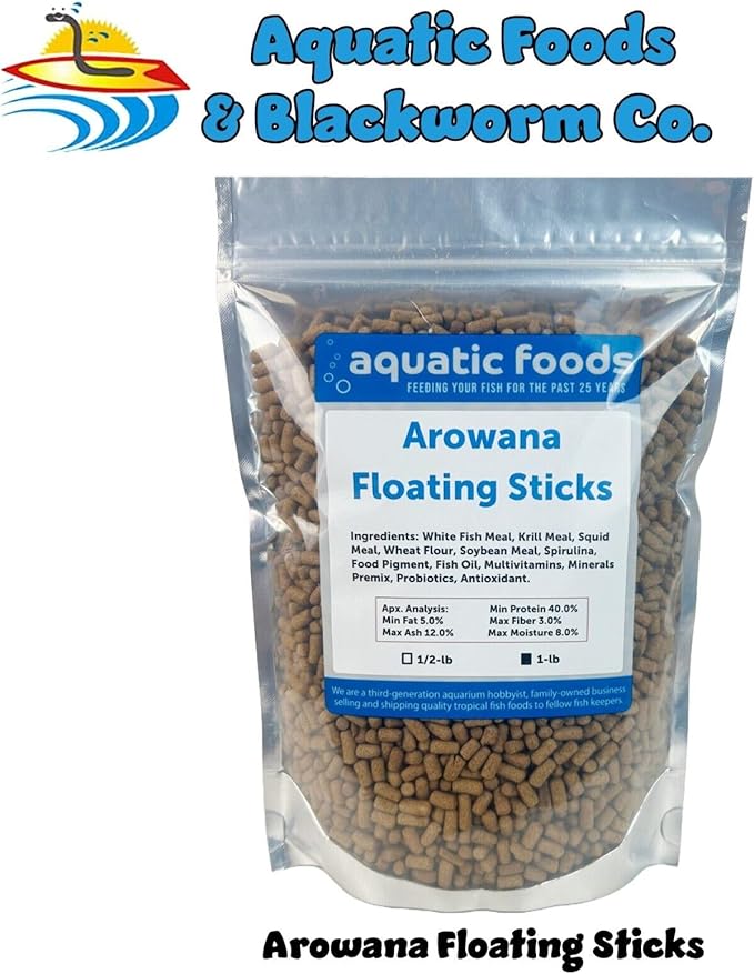 Aquatic Foods Inc. Arowana 3/8" x 7/32" 40% Protein Floating Sticks for Arowana, Oscars, Flower Horns, Red Parrots All Central and South American Cichlids...WL…1-lb Foil Pouch Bag