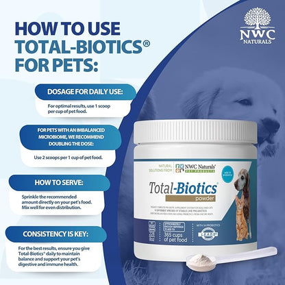 NWC Naturals Total-Biotics, Cat & Dog Probiotics for Digestive Health with Prebiotic, Unflavored Probiotic for Dogs & Cats, Supplement for Gut, Skin, Coat, Upset Stomach Relief, 365 Servings, 8 Ounces