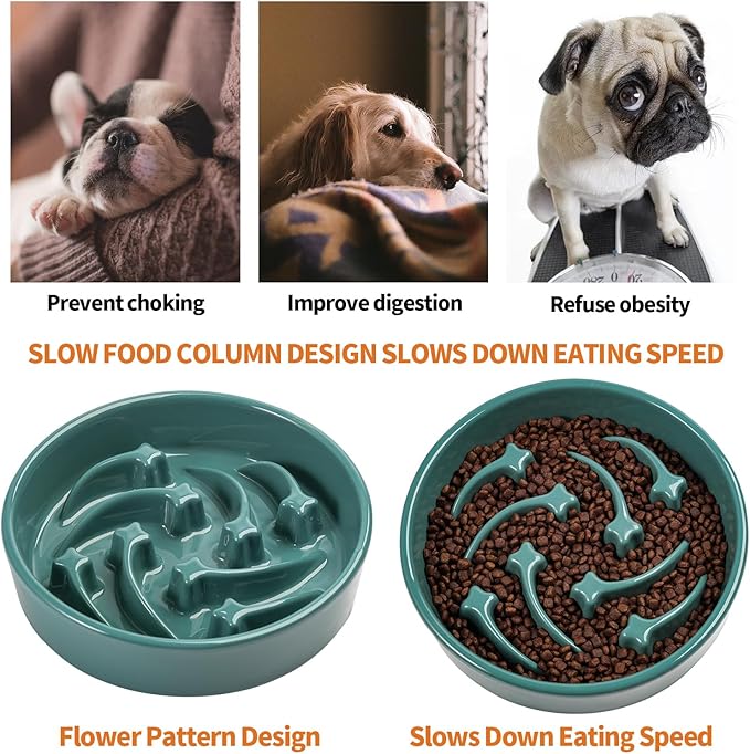 8.26 in Deep Green Dog Bowl Slow Feeder Ceramic for Medium and Large Breed,Slow Feeding Dog Food Water Dish Heavy Weighted,Puppy Dish for Fast Eaters,Puzzle Eating Bowl Meteor