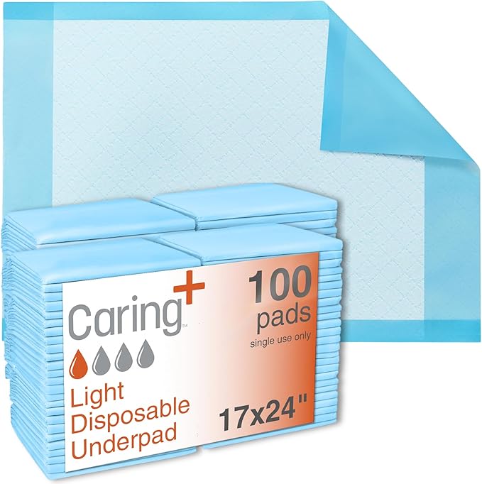 Caring Disposable Underpads, Pet Pee Pads for Potty Training, Light Absorbency, 17 x 24 in, 100-Pack