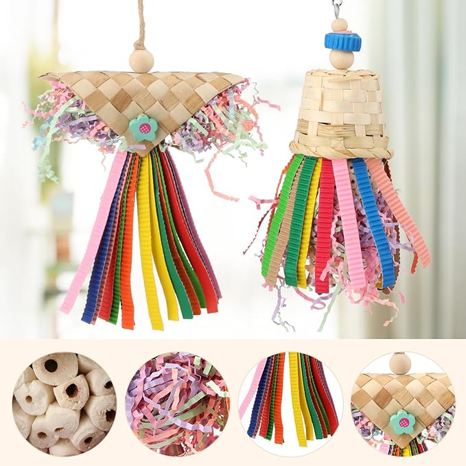 Wontee Bird Colorful Shredding Crinkles Foraging Toys Natural Sola Ball for Parrots Cockatiels Conures Budgies Senegal (Shredder Toys (2 Pack))