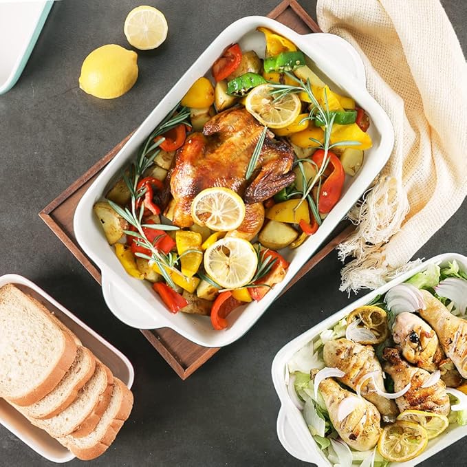 Sweejar Casserole Dishes for Oven, Ceramic Bakeware Set of 3, Lasagna Pan Deep with Handle, Rectangular Baking Pan Set, 9x13 Baking Dish for Cooking, Banquet and Daily Use (Turquoise)