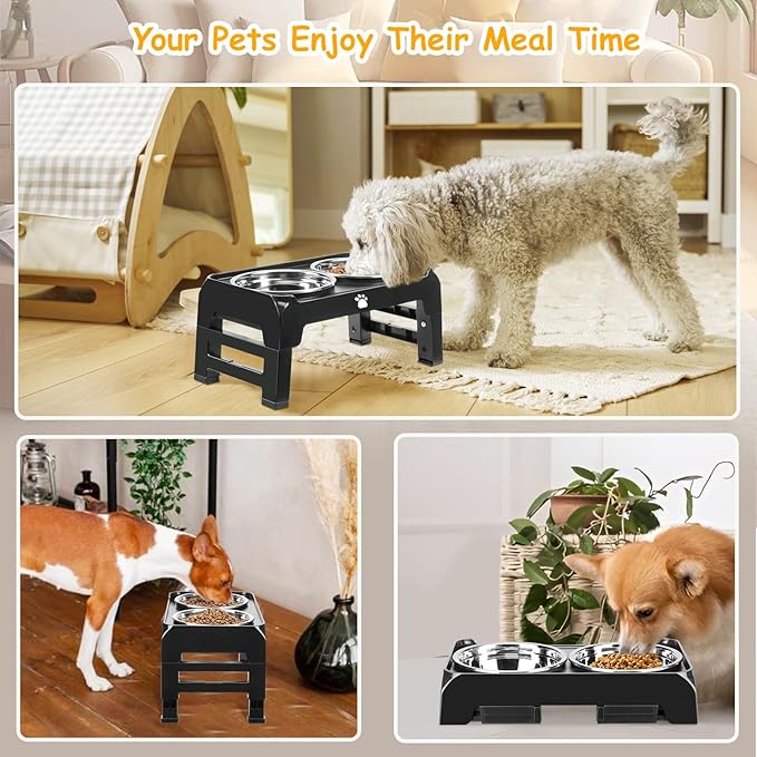 Elevated Dog Bowls 3 Height Adjustable Raised Bowl Stand with 25oz Stainless Steel Dog Food Bowls Anti-Slip for Small Dogs Adjusts to 7.5", 6", 2.75", Black