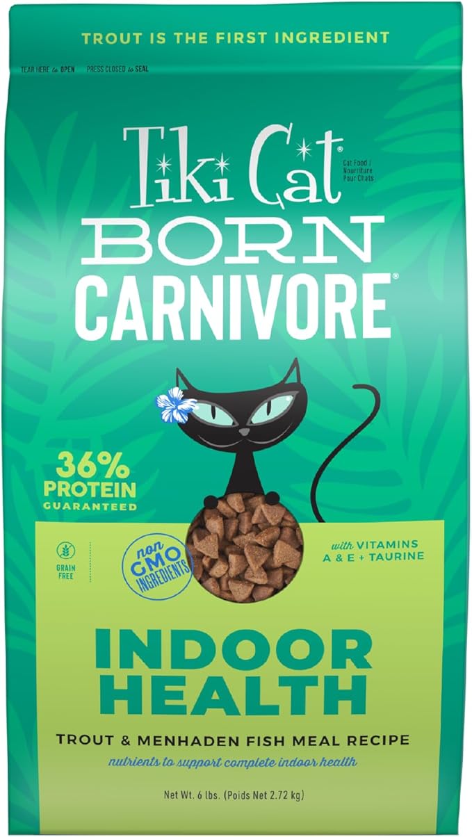 Tiki Cat Born Carnivore Indoor Health, Trout & Menhaden Fish Meal, Grain-Free Baked Kibble to Maximize Nutrients, Dry Cat Food, 6 Lbs. Bag