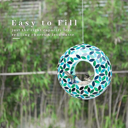 VCUTEKA Bird Feeder Mosaic Fly Through Bird Feeders for Outside Hanging with Round Shape Glass Container to Attract More Wild Birds for Garden, Yard, Backyard, Deck and Porch Decor, Green 10-Inch