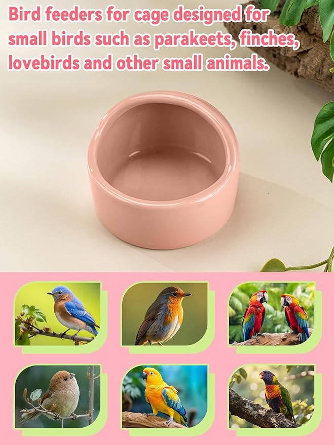 2 Pcs Bird Food Bowl Ceramic Bowls for Birds Small Parakeet Food Bowl Parrot Feeding Cups, Bird Cage Feede for Parakeets Conure Cockatiels Lovebird Budgie (Pink)