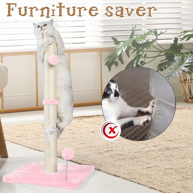 ANWA 32" Tall Cat Scratching Posts for Indoor Cats, 3-in-1 Cat Scratching Post with Plush Toys, Premium Sisal Post for Cats at All Ages with Reinforced Stable Base, Pink