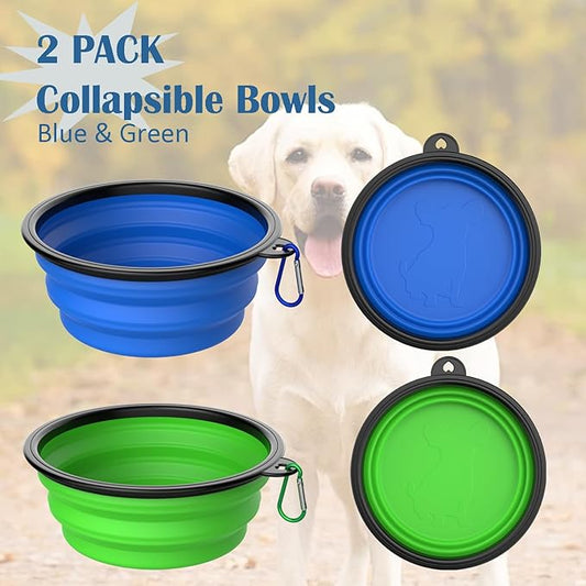 Takfox Collapsible Dog Bowls [2 Pack] 20 oz, Travel Dog Bowls, Pet Bowl Portable Foldable Water Food Feeding Dishes with Carabiner Clip for Traveling Hiking Walking-Green & Blue