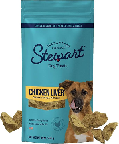 Stewart Single Ingredient Freeze Dried Raw Dog Treats, Chicken Liver, 16 Ounce Value Size, up to 300 Pieces per Resealable Pouch, Training Treats or Meal Topper, High Protein, Grain Free, Gluten Free