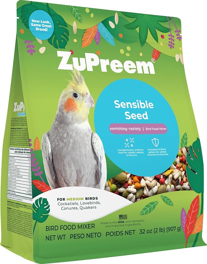 ZuPreem Sensible Seed Bird Food, Cockatiel, Lovebird, Quaker, Small Conure, Seed and Pellet Blend for Medium Birds, Food Mixer Topper, Enriching Variety, Made in the USA, (M, 2 lbs)